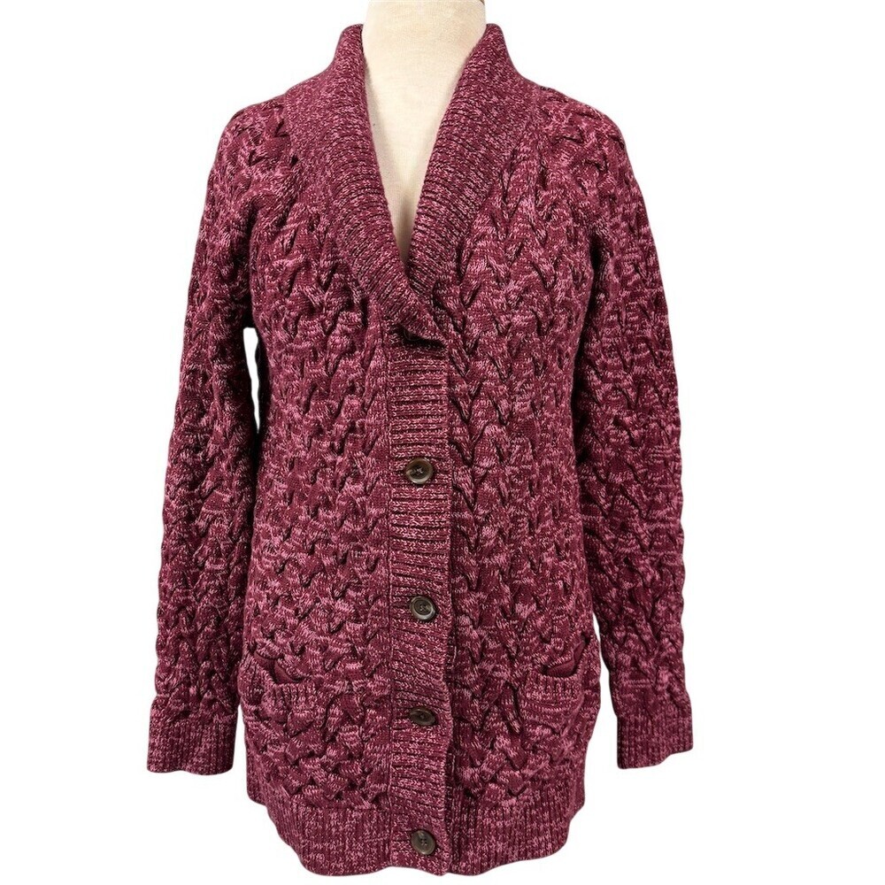 Lands' End CottonCardigan Sweater Womens Tall L Cable Knit Shawl Collar